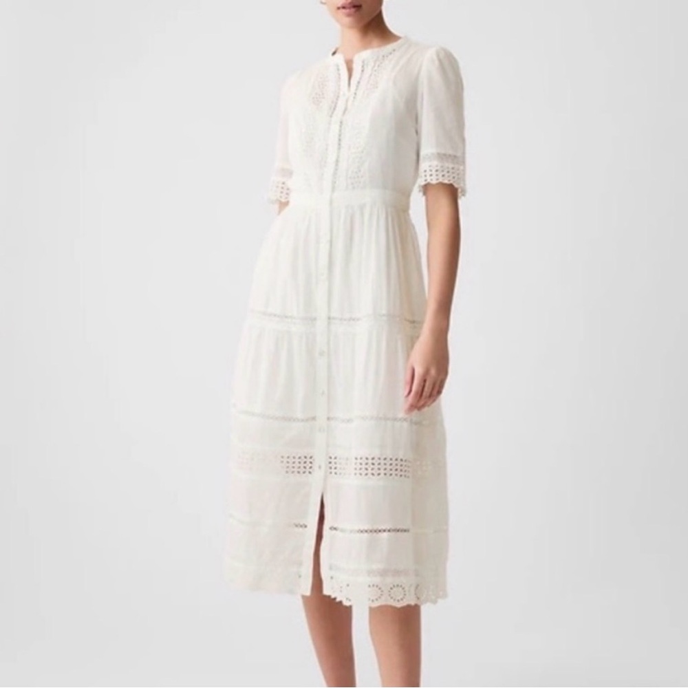 Gap White Lace Short Sleeve Button Front Dress